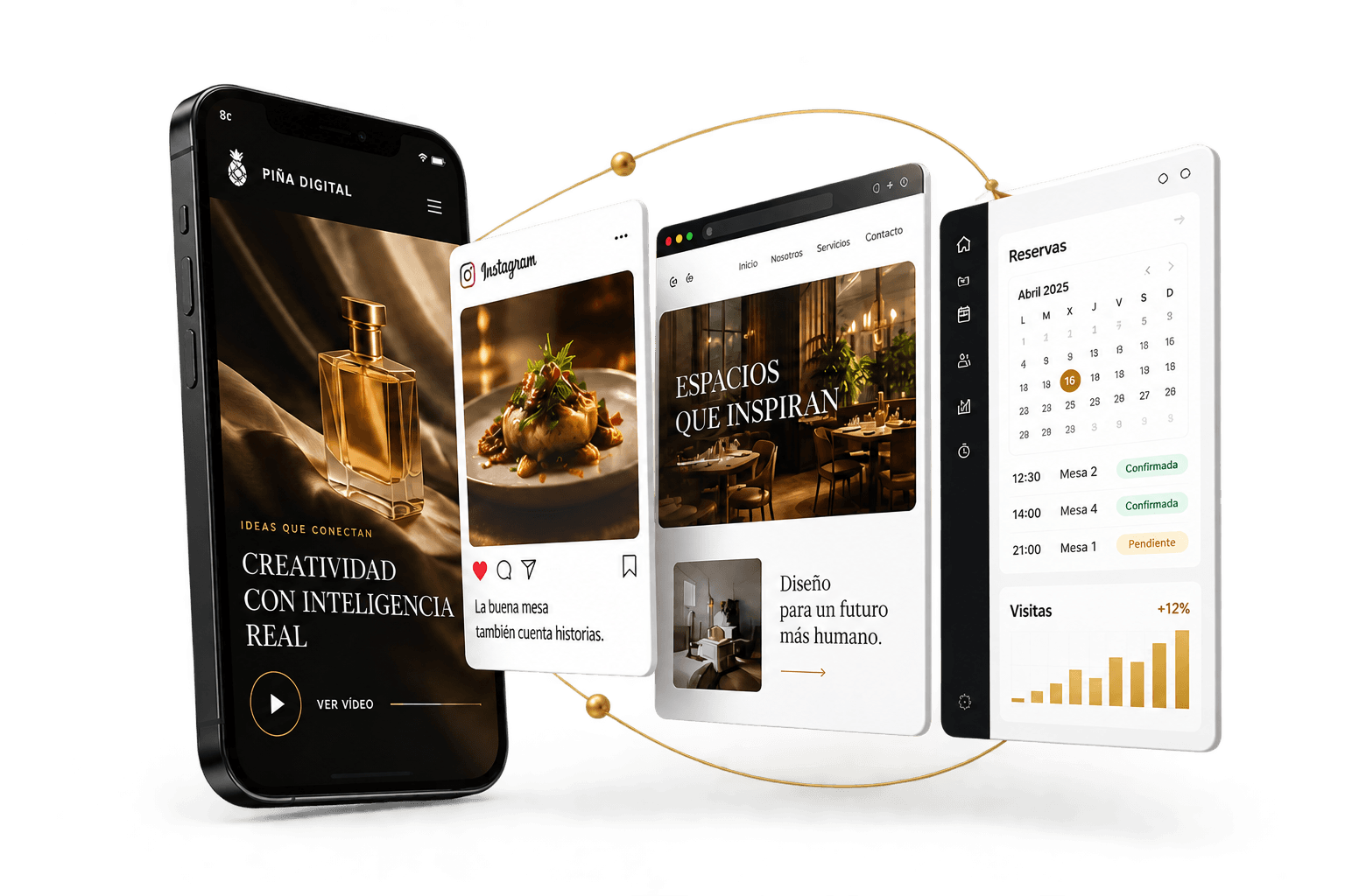 Un móvil con un anuncio audiovisual, una publicación de Instagram, una web de restaurante y un panel de reservas conectados por una línea dorada.